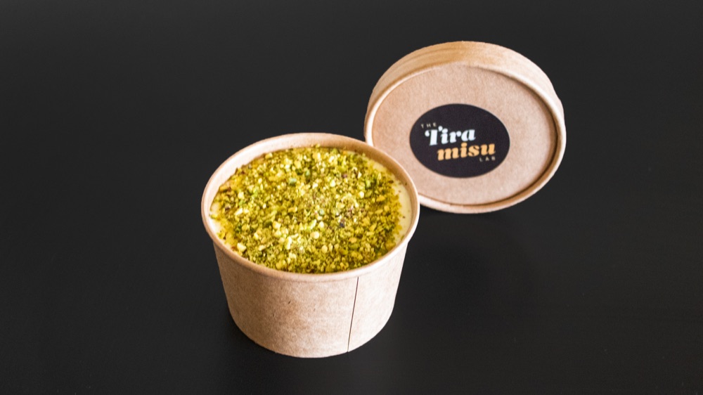 Pistachio tiramisu topped with crushed pistachio